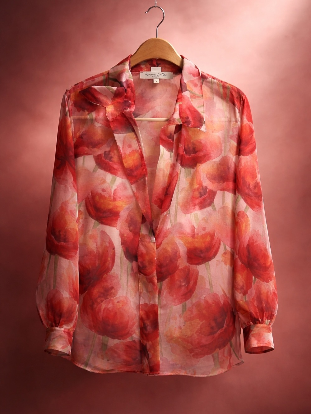 Designer Arianne’s Sheer Floral Button-Front Blouse with deep V/bell cuff.